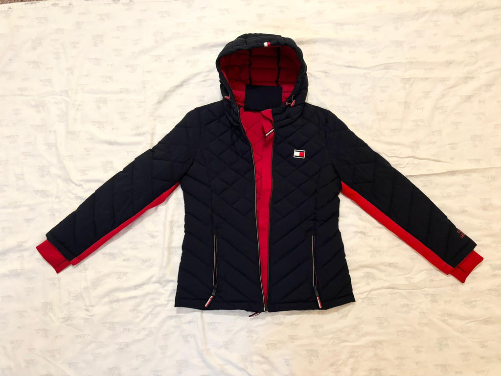 quilted navy hooded puffer jacket with red lining