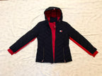 quilted navy hooded puffer jacket with red lining