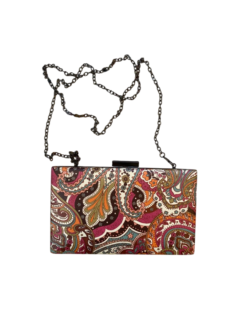 paisley print clutch bag with chain