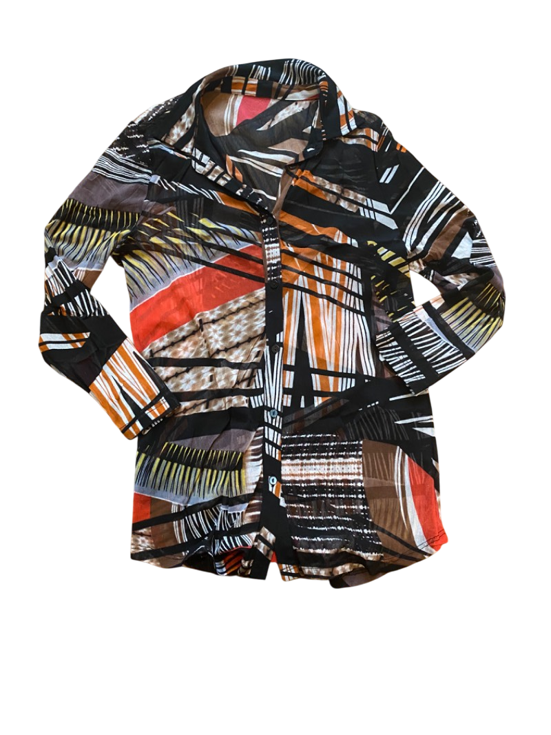 office siren geometric print button-up shirt multicolor