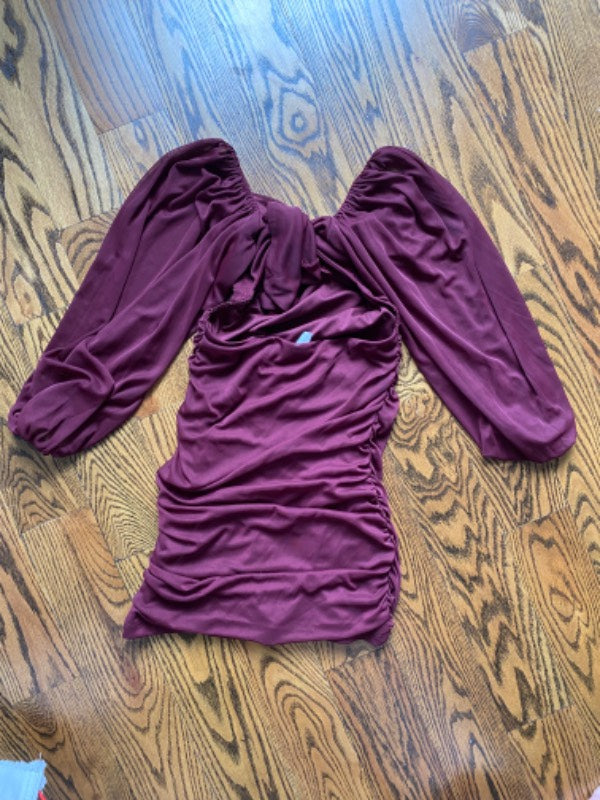 plum ruched long sleeve dress