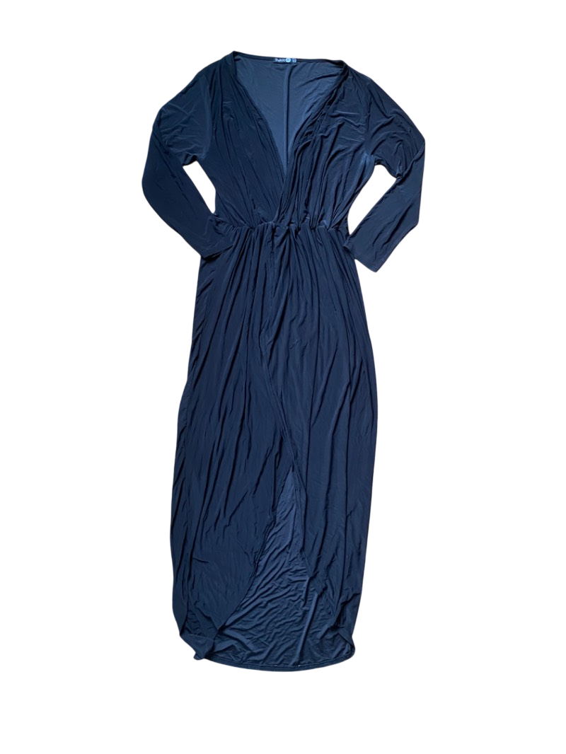 draped long sleeve black maxi dress