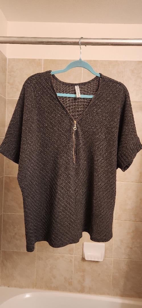 textured zippered loose dark gray top