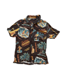 tropical print button-up shirt to be a vacation dad