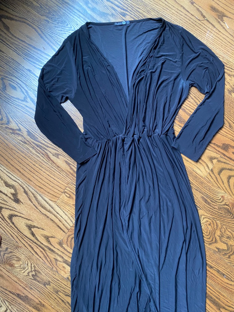 draped long sleeve black maxi dress