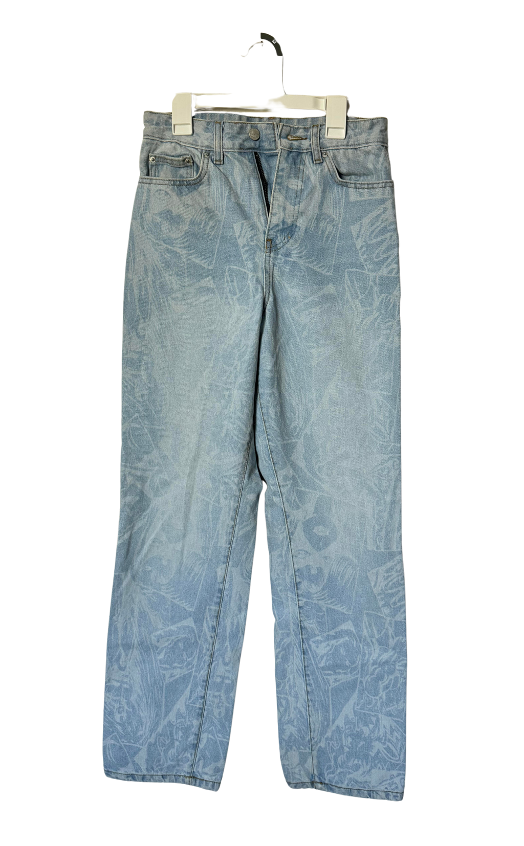 light fade jeans with faint marbling pattern