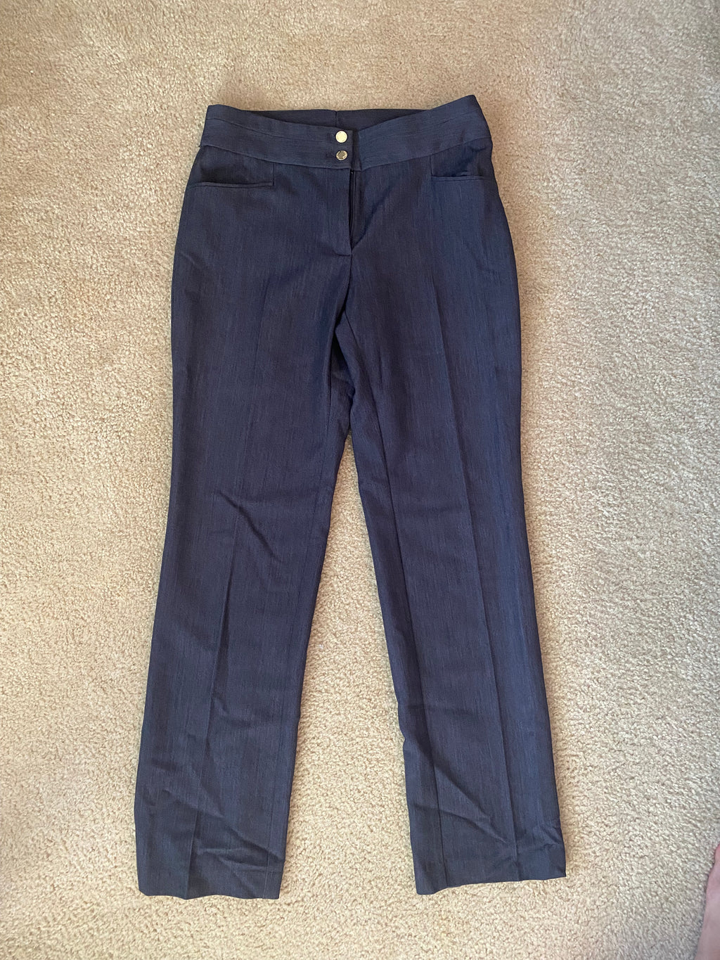 gray dress pants with gold buttons