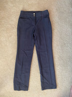 gray dress pants with gold buttons