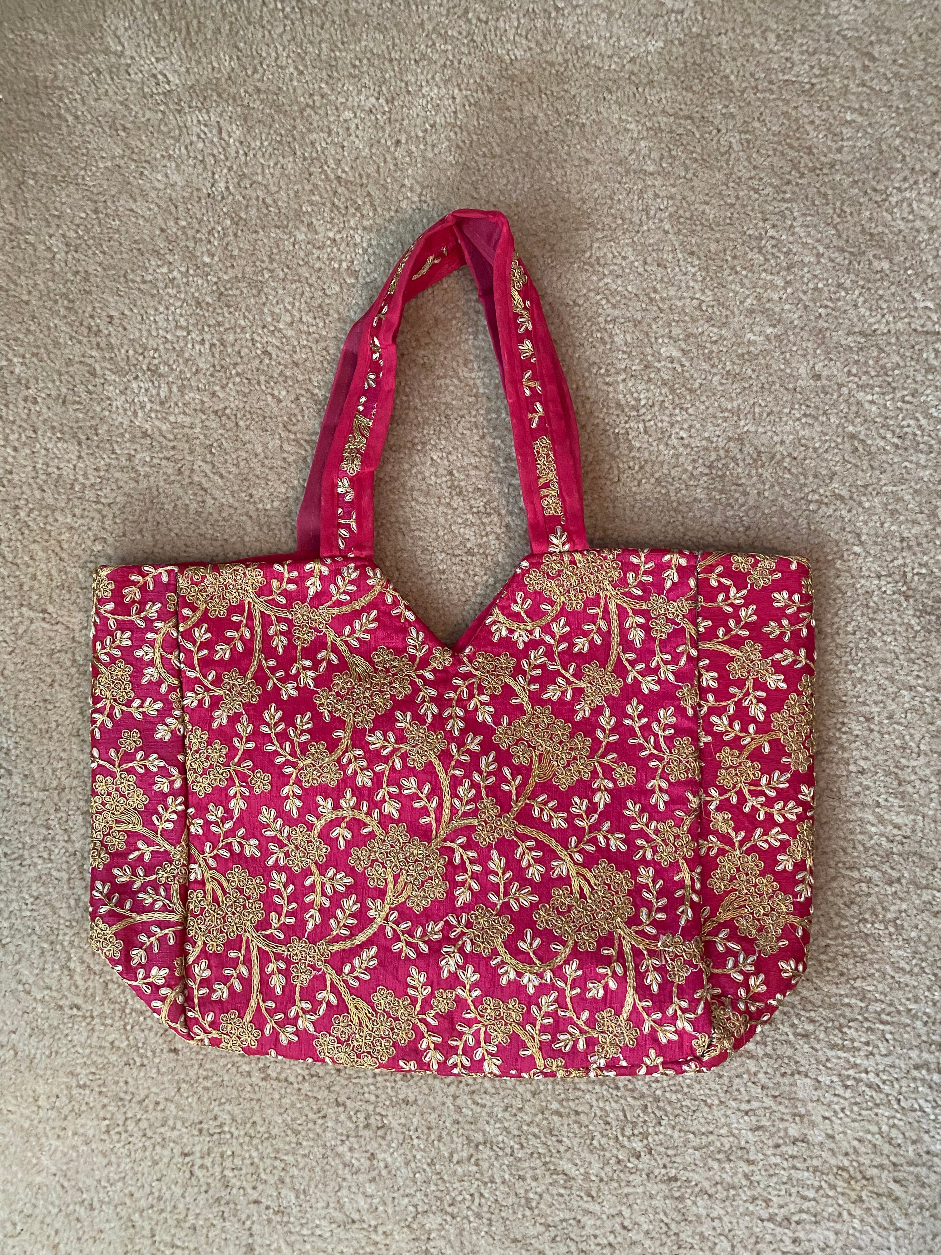 maximalist pink embroidered tote bag