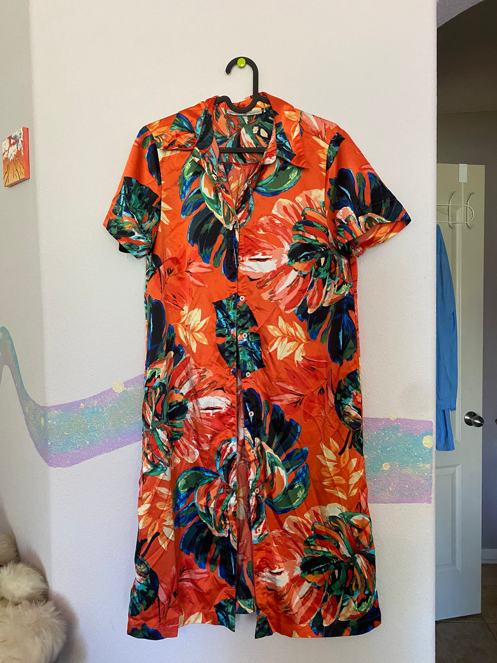 breezy orange abstract floral shirt dress