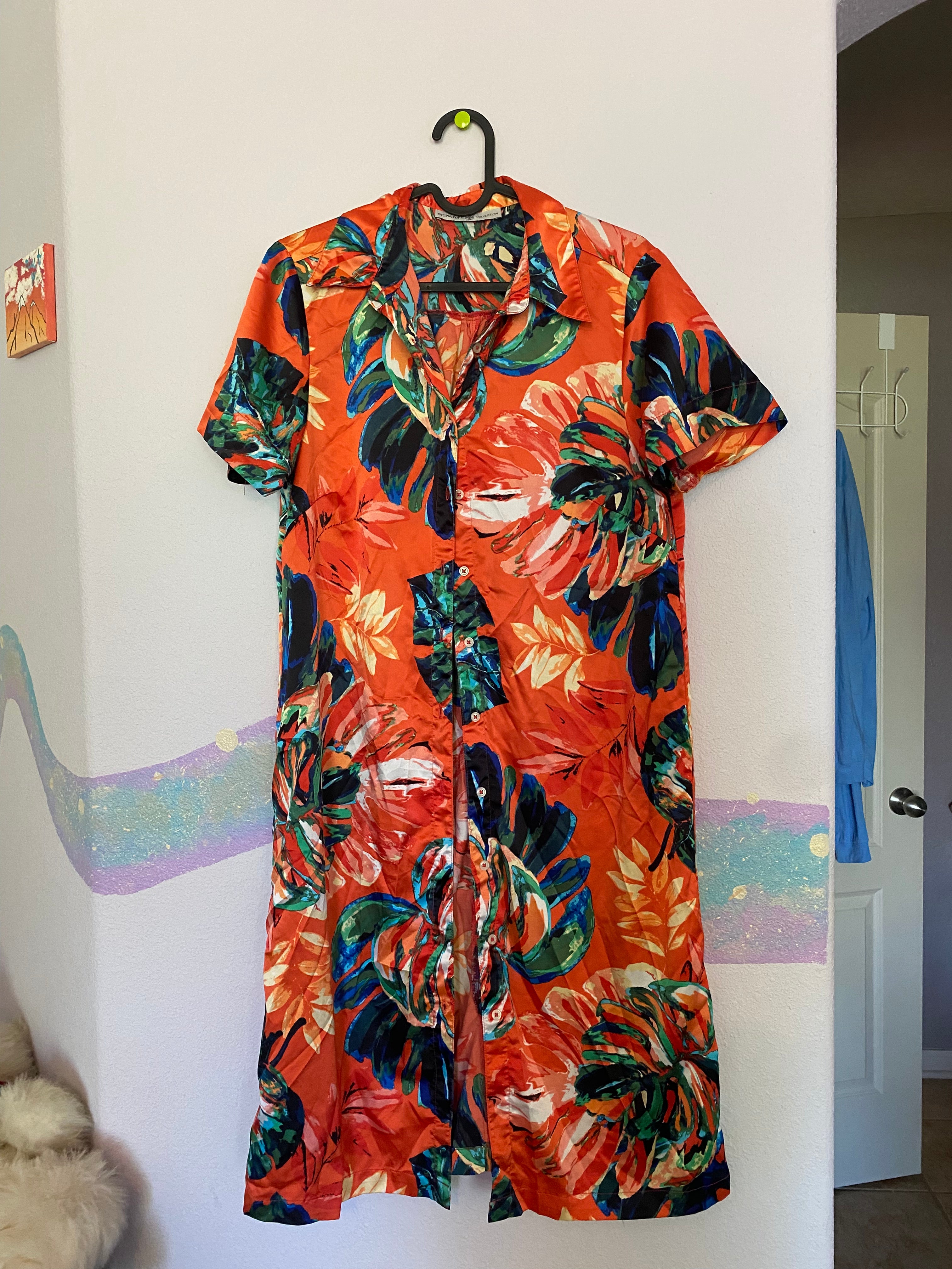 breezy orange abstract floral shirt dress