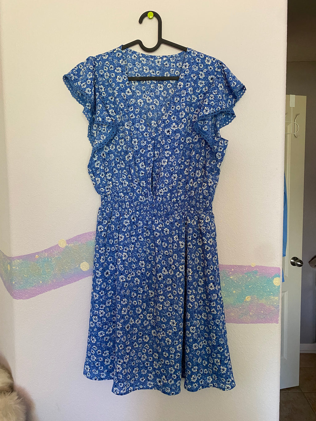 blue cottagecore floral flutter sleeve dress
