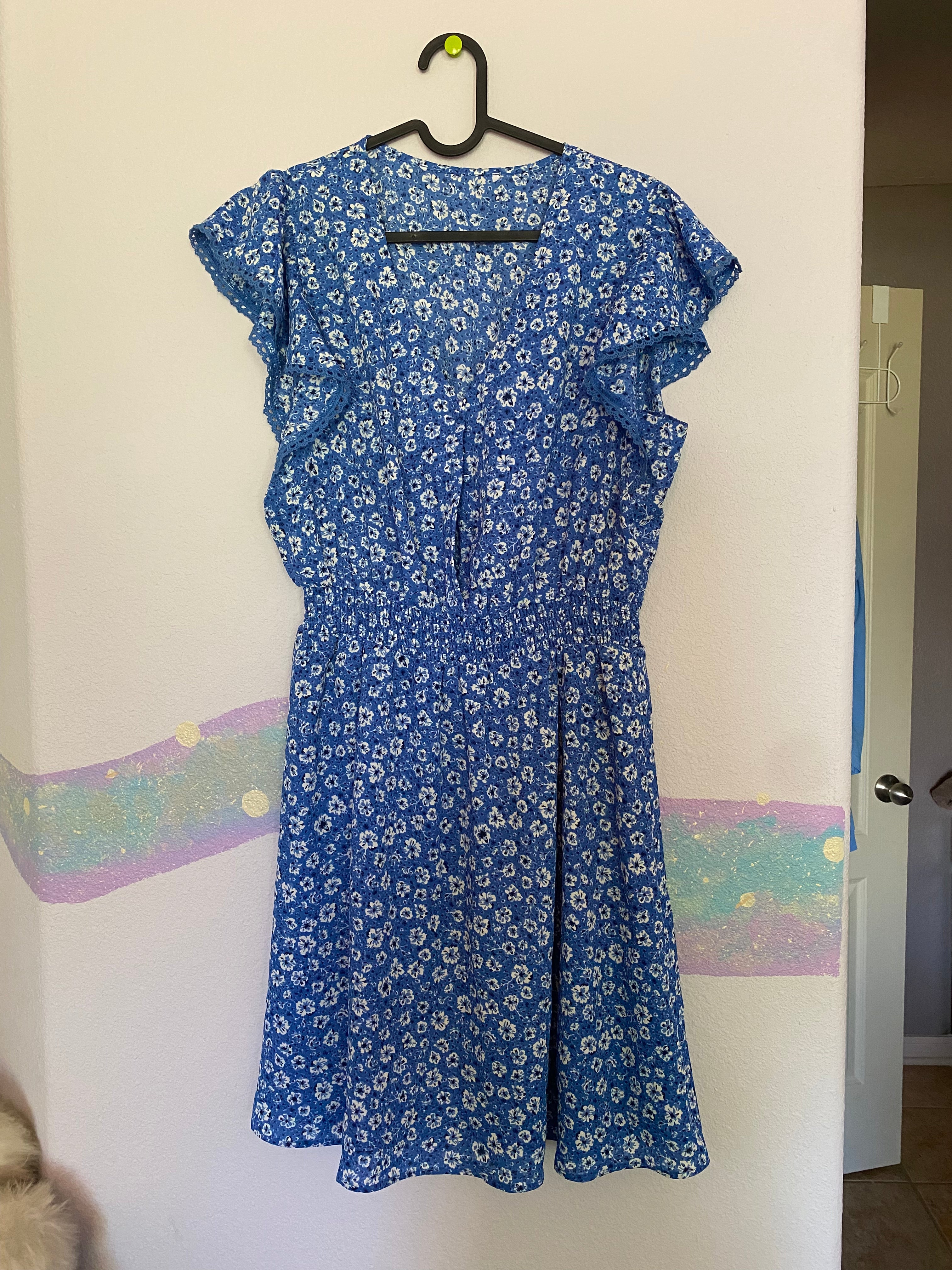 blue cottagecore floral flutter sleeve dress