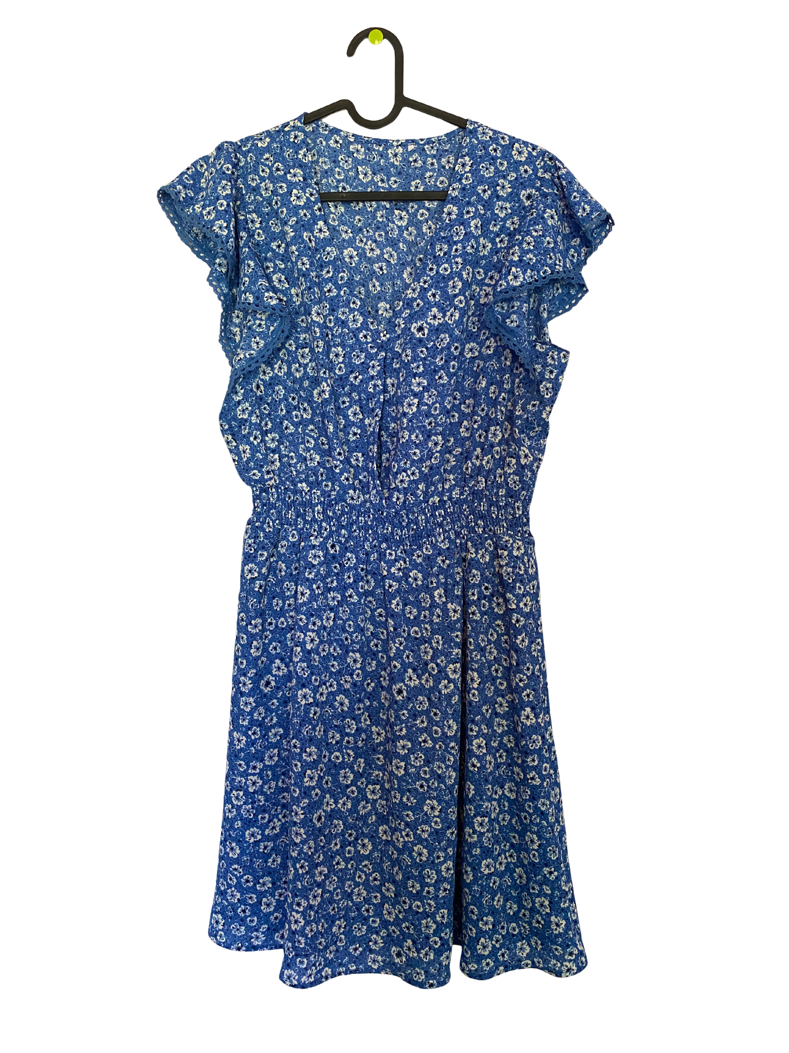 blue cottagecore floral flutter sleeve dress