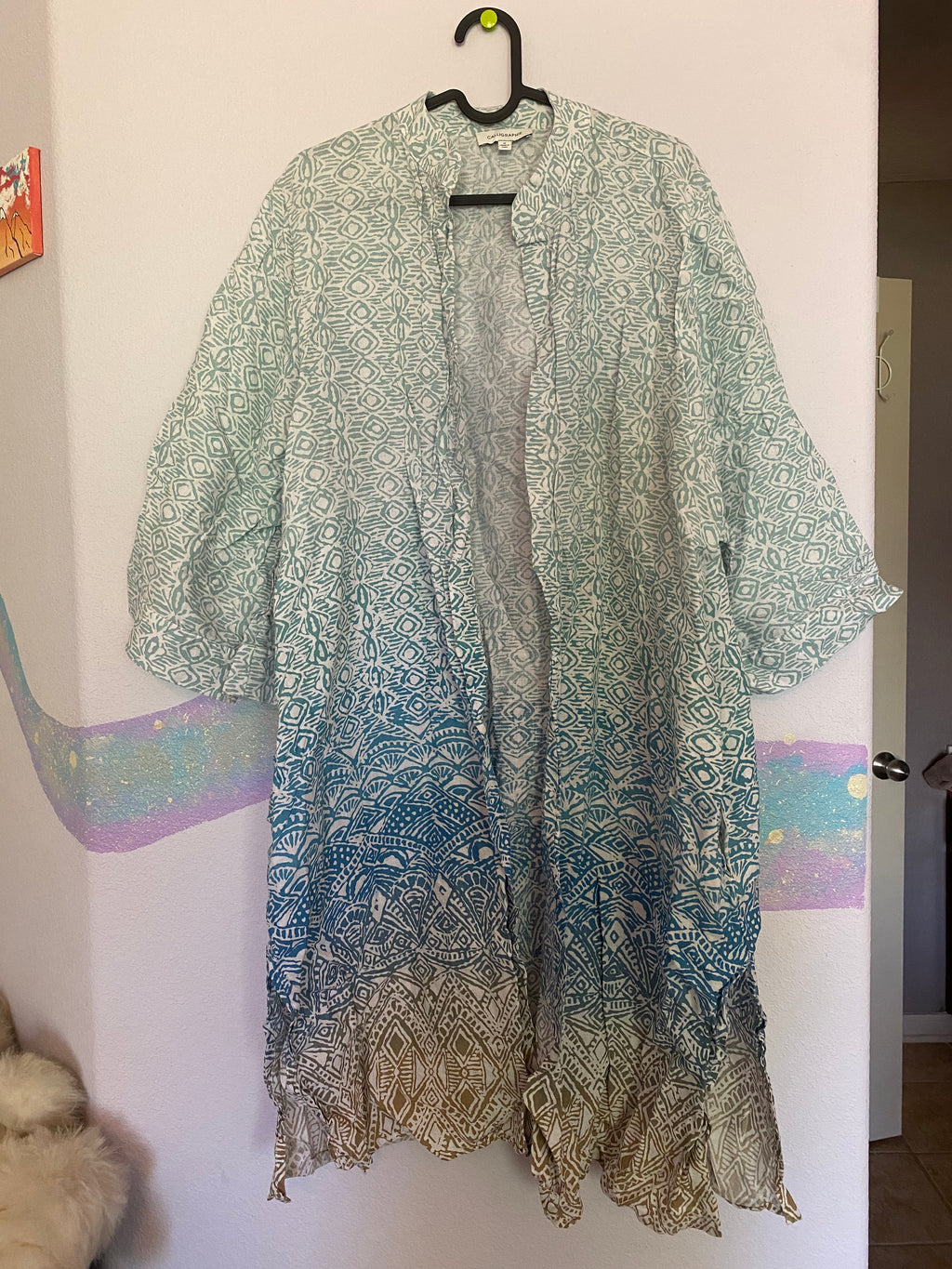 teal ombre geometric print kimono