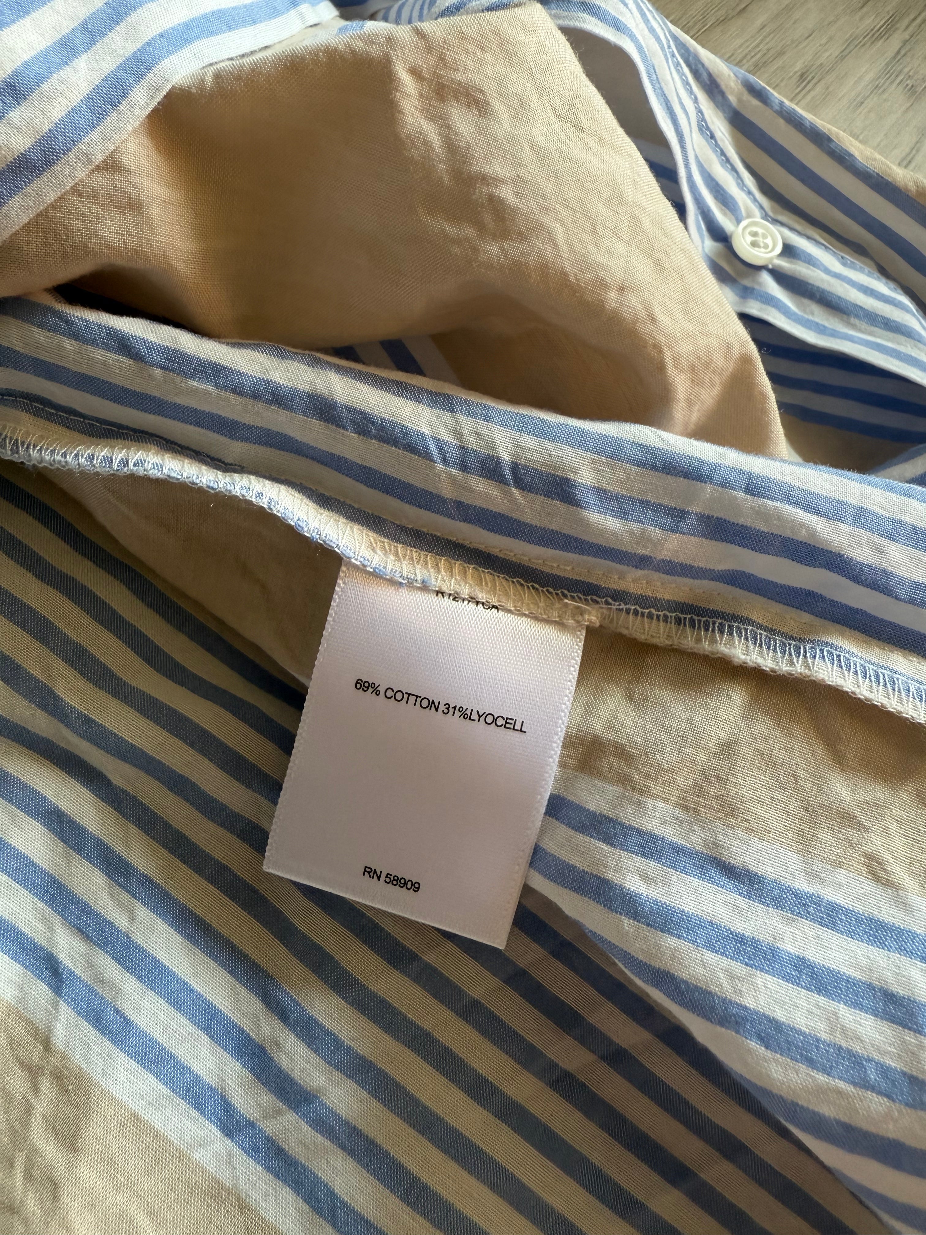 blue and tan striped button-up shirt