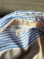 blue and tan striped button-up shirt
