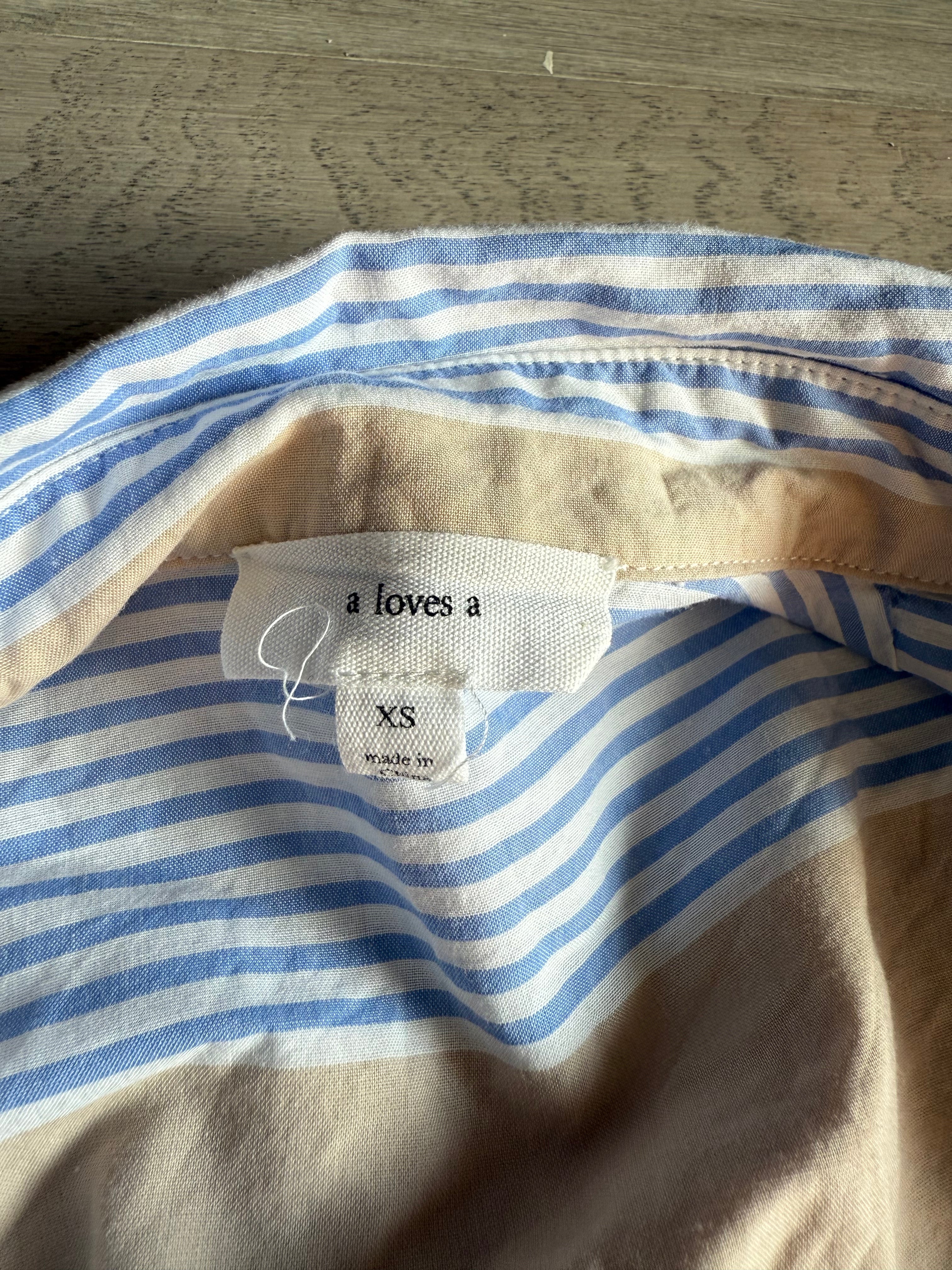 blue and tan striped button-up shirt