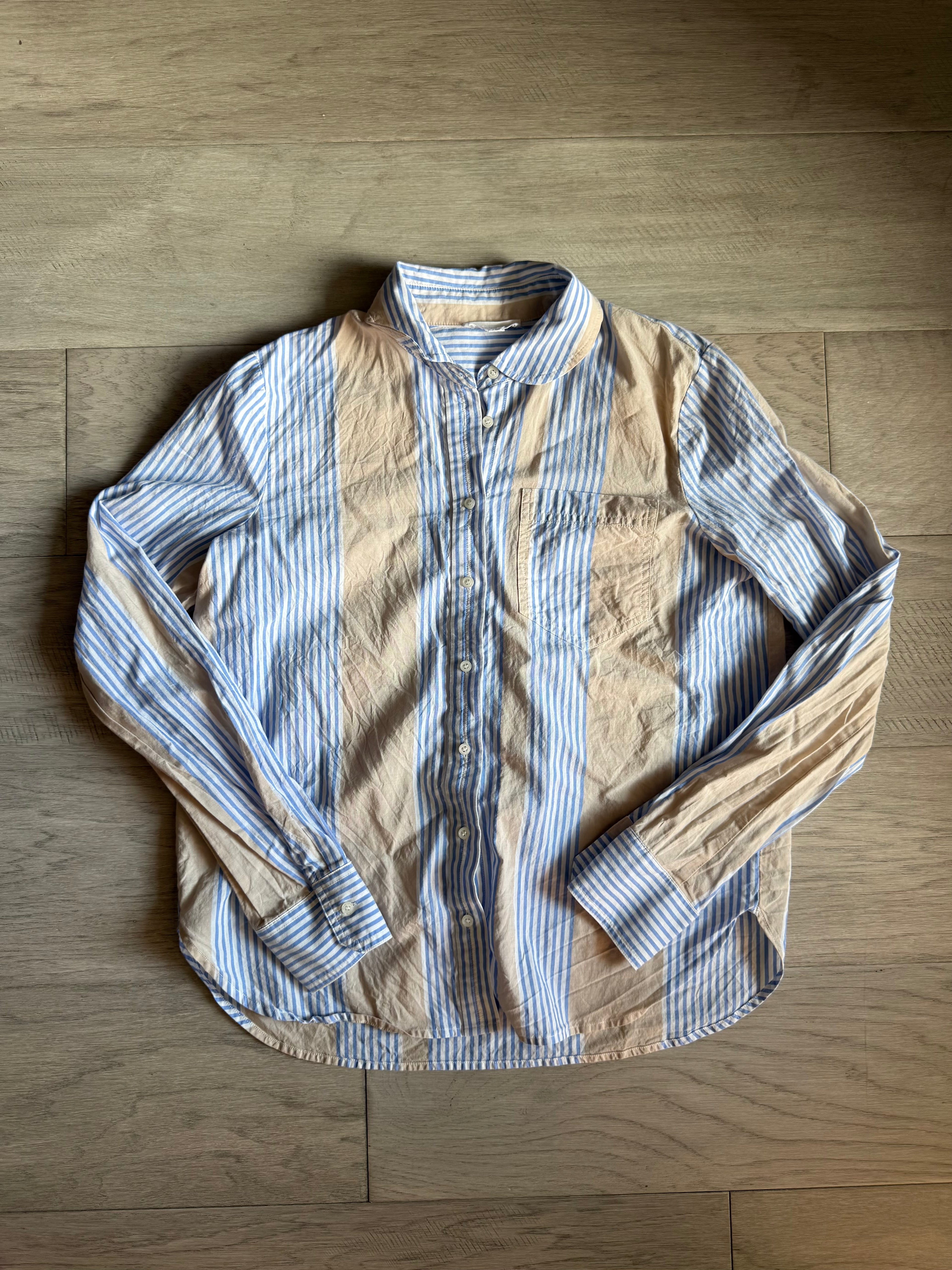 blue and tan striped button-up shirt