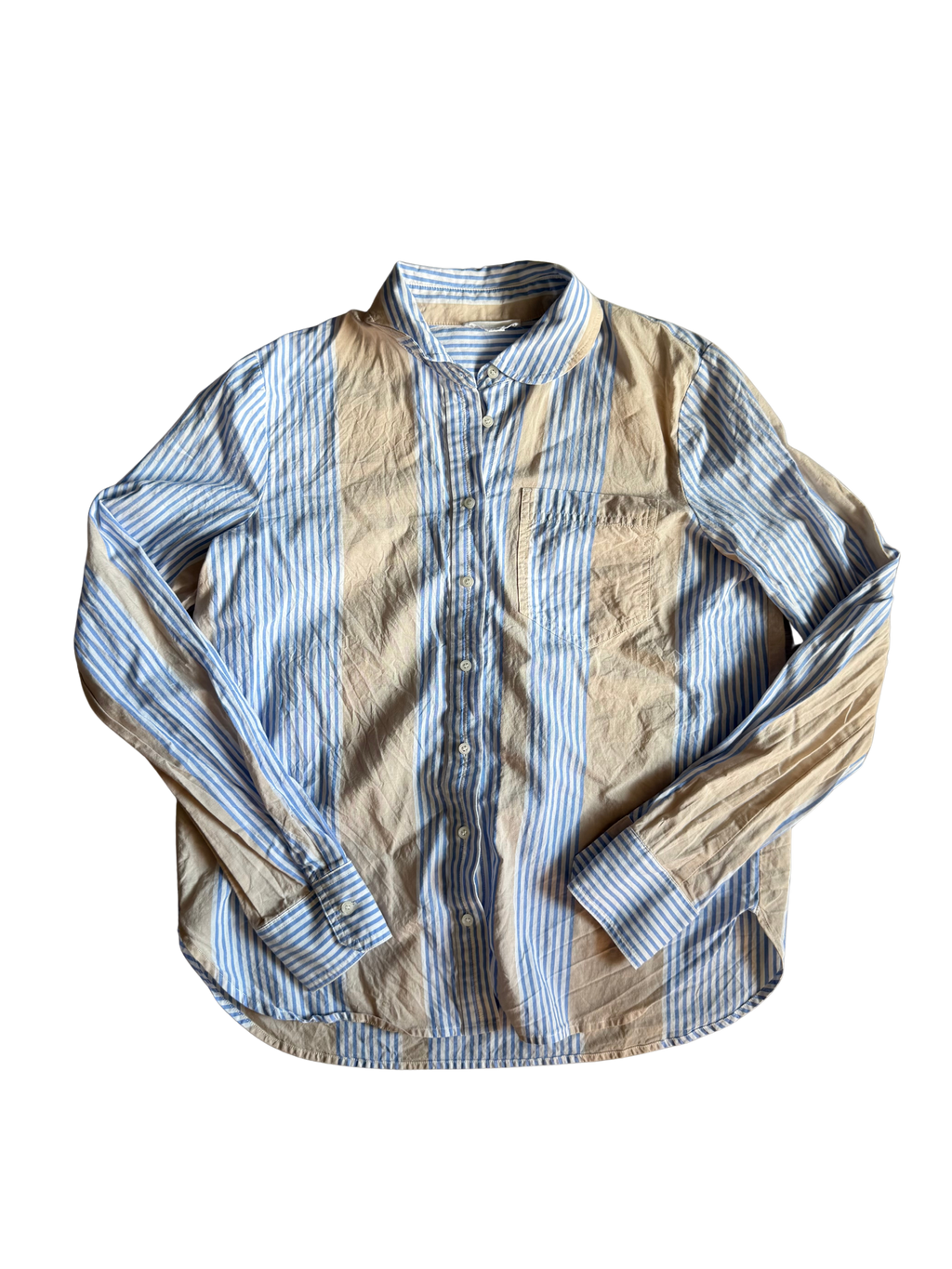 blue and tan striped button-up shirt