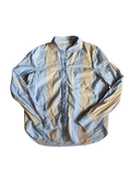 blue and tan striped button-up shirt