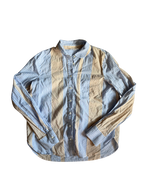 blue and tan striped button-up shirt