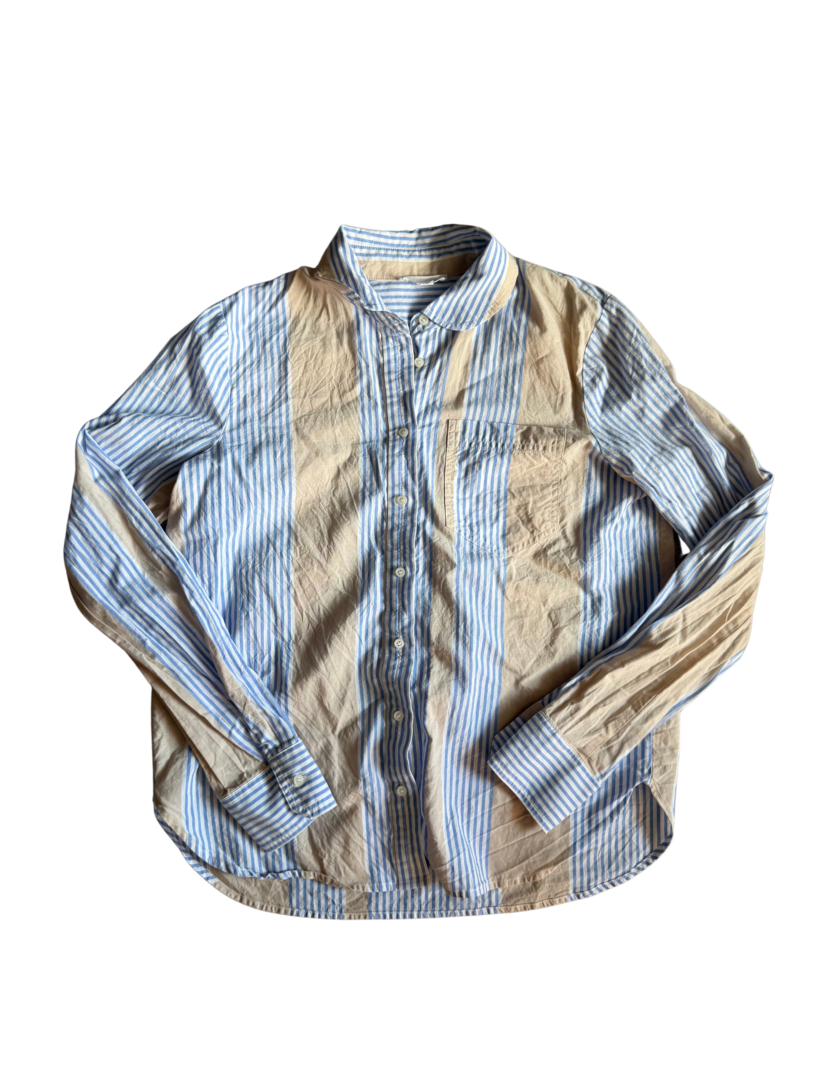 blue and tan striped button-up shirt
