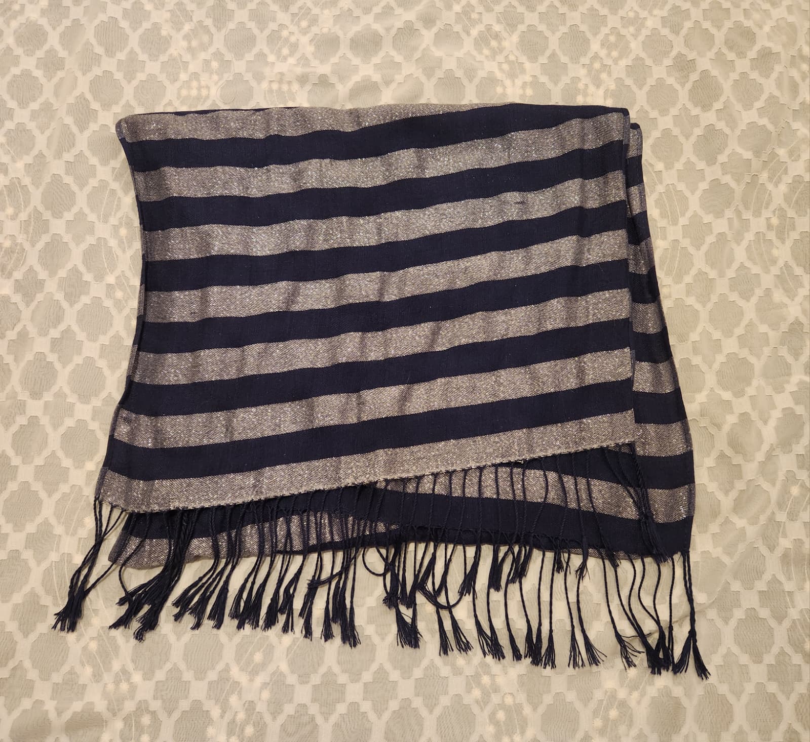 navy striped fringe scarf