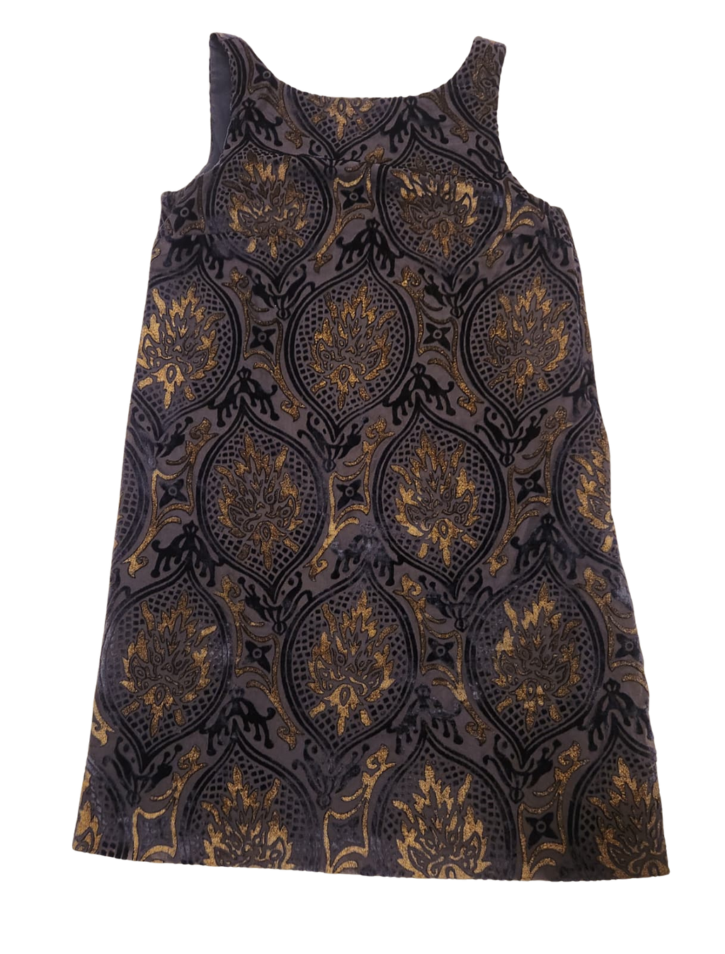 moody dark toned with gold brocade-like pattern shift dress