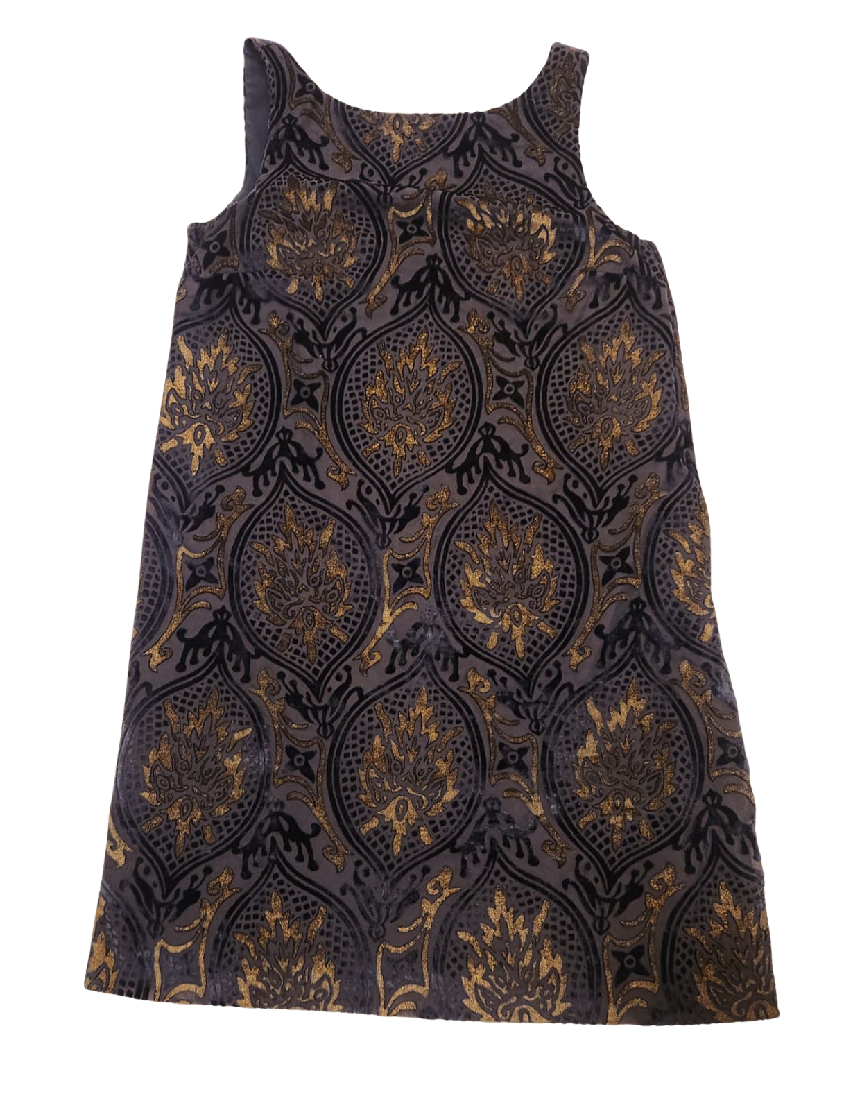 moody dark toned with gold brocade-like pattern shift dress