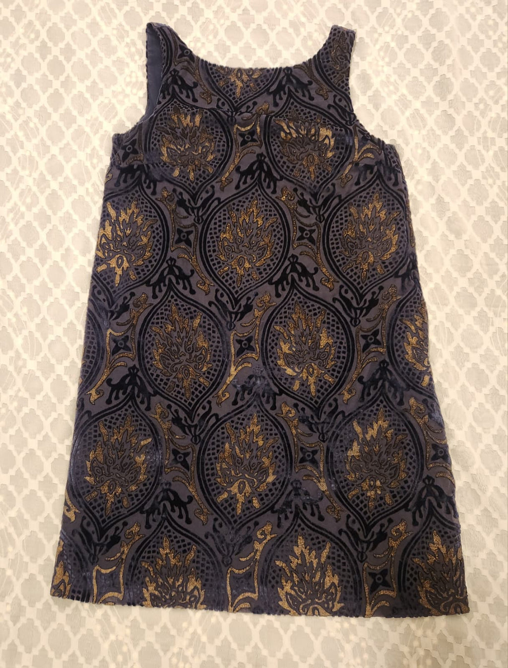 moody dark toned with gold brocade-like pattern shift dress