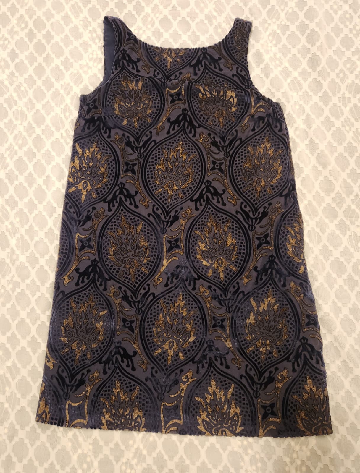 moody dark toned with gold brocade-like pattern shift dress