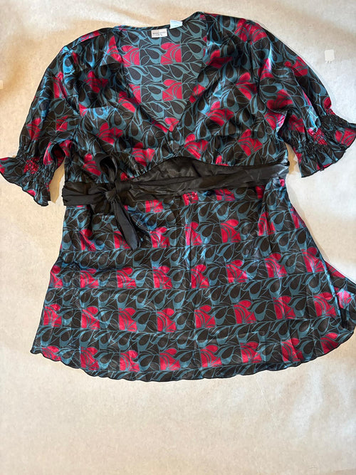 black and red floral tie blouse