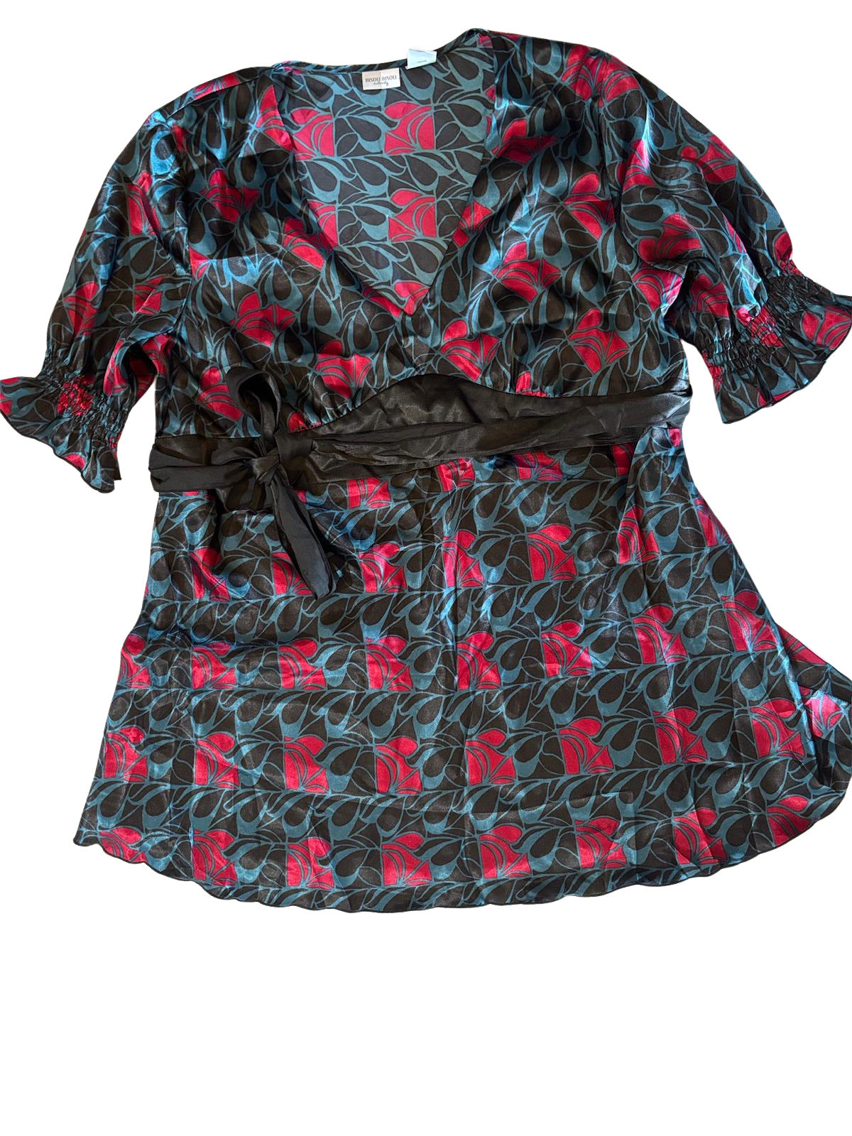 black and red floral tie blouse