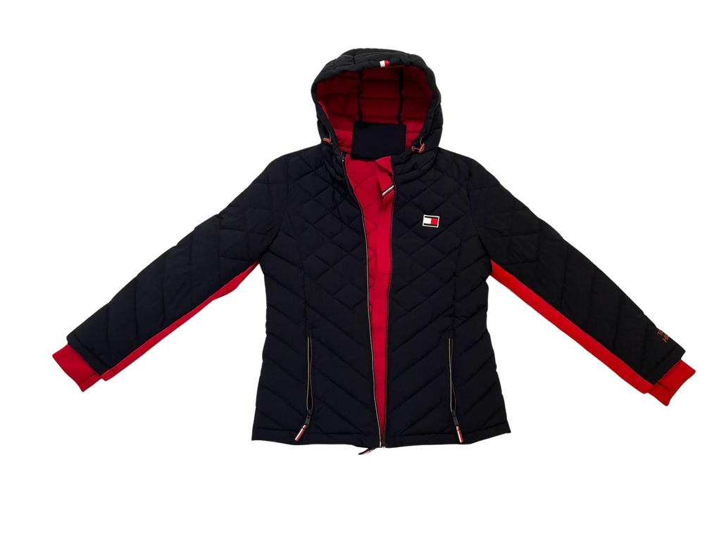 quilted navy hooded puffer jacket with red lining