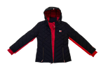 quilted navy hooded puffer jacket with red lining