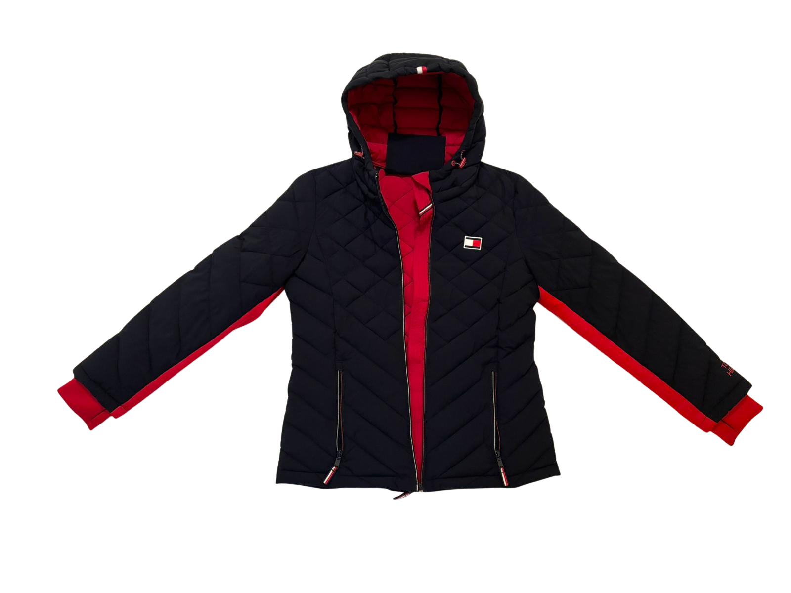 quilted navy hooded puffer jacket with red lining