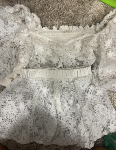 white lace puff-sleeve top & skirt