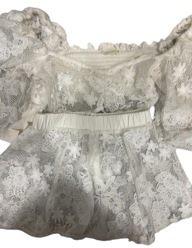 white lace puff-sleeve top & skirt