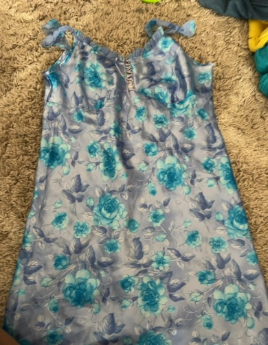 blue floral satin slip dress