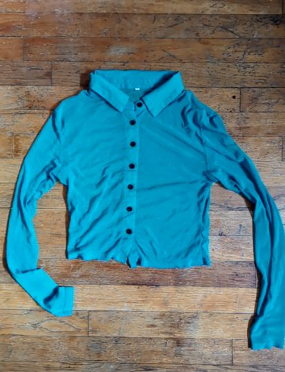 teal button down long sleeve mesh top